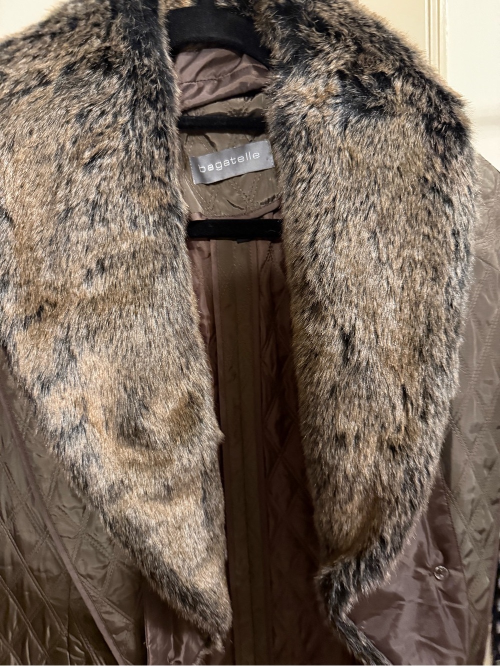 bagatelle Quilted Brown Jacket with Plush Faux Fur Collar